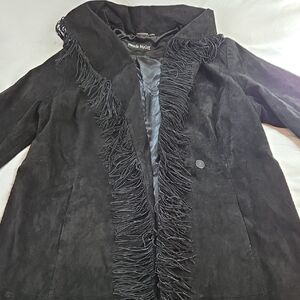 Pamela McCoy Black Suede Leather Fringe Long Coat Jacket 2X